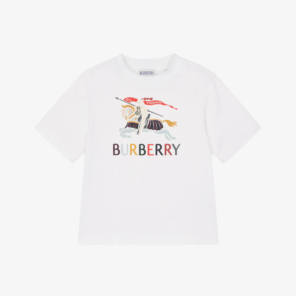Burberry-Boys White Cotton T-Shirt with Colourful EKD | Childrensalon