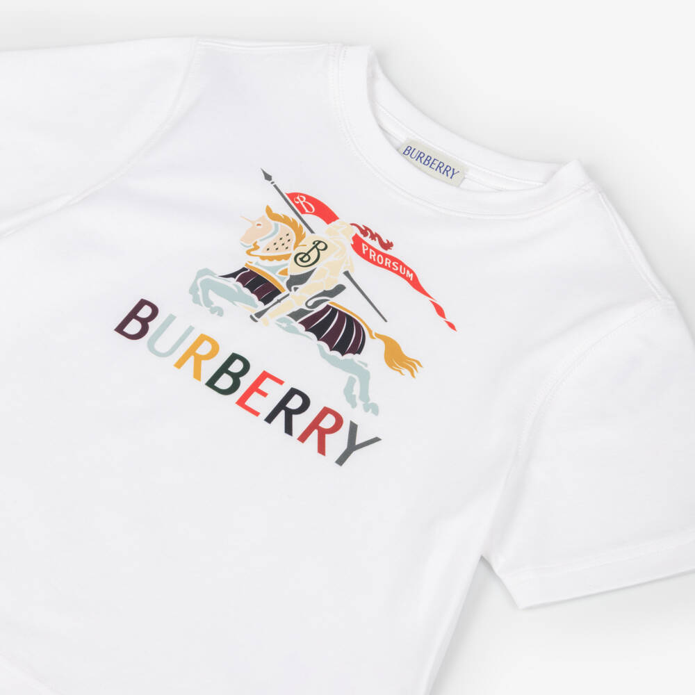 Burberry-Boys White Cotton T-Shirt with Colourful EKD | Childrensalon