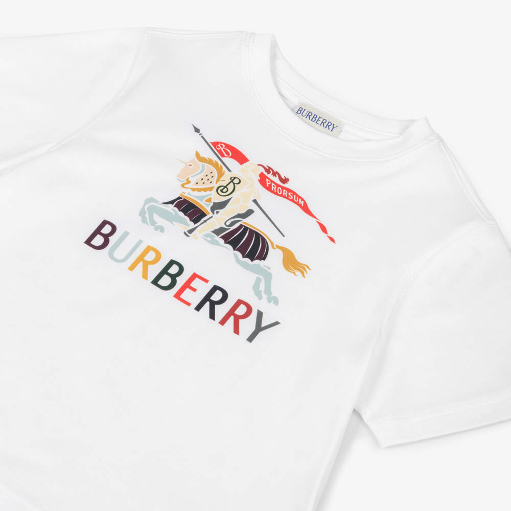 Burberry-Футболка белая хлопковая с цветным EKD для мальчиков | Childrensalon