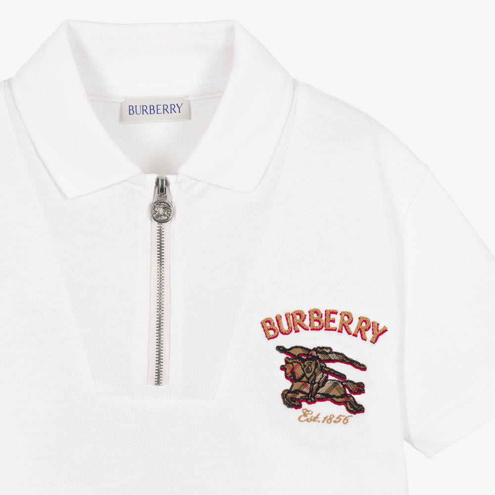 Burberry-Boys White Piqué EKD Quarter Zip Polo Shirt | Childrensalon