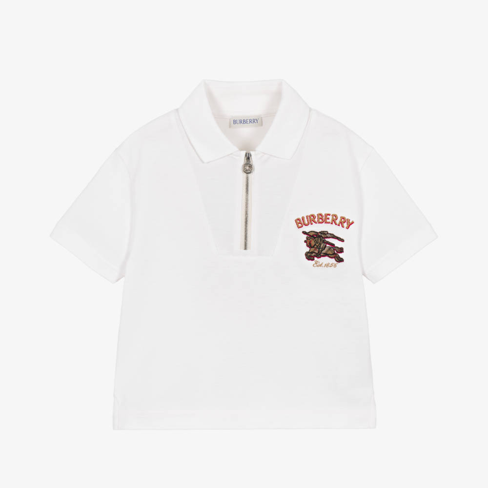 Burberry-Boys White Piqué EKD Quarter Zip Polo Shirt | Childrensalon