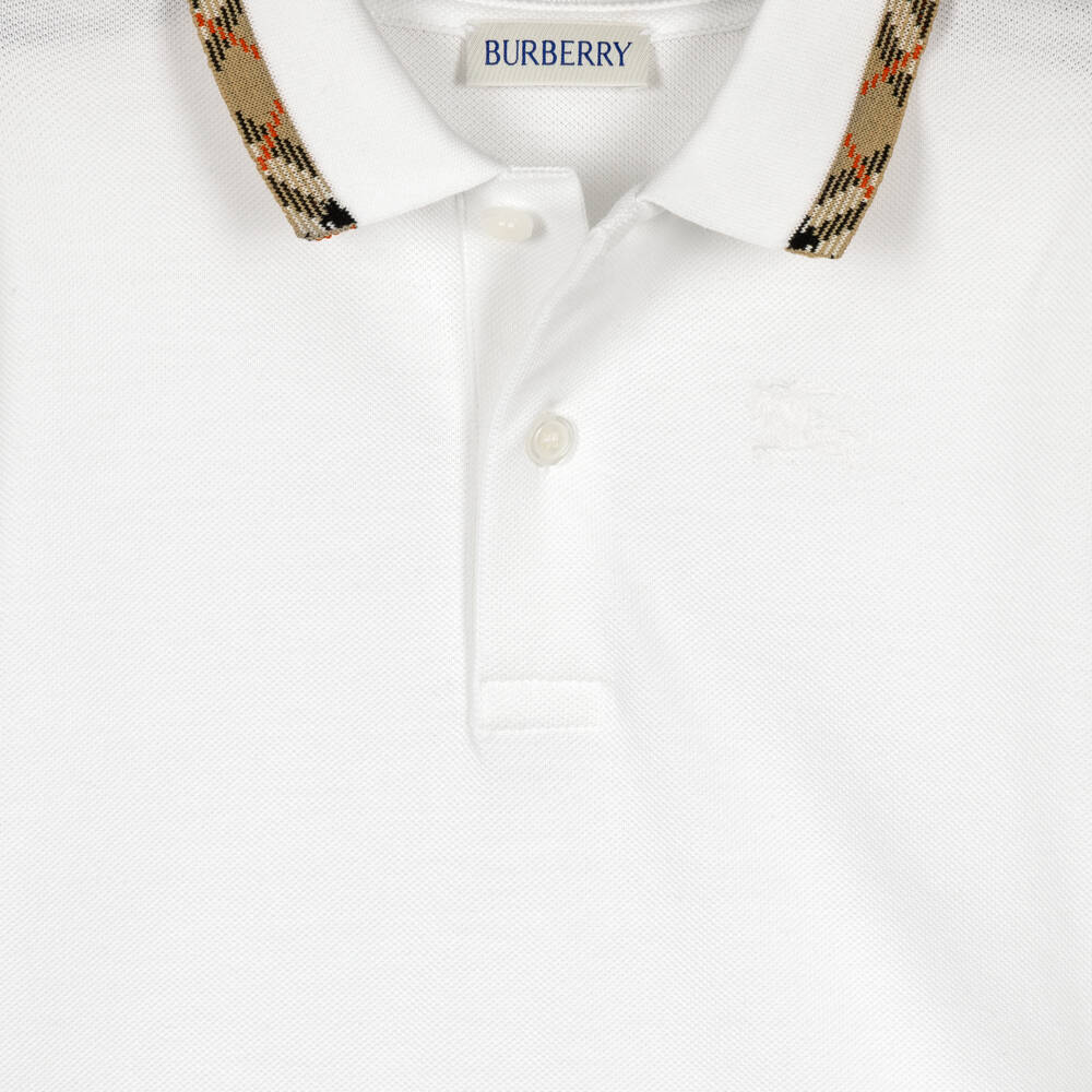 Burberry-Boys White Piqué Long Sleeve Polo Shirt with Check Collar | Childrensalon