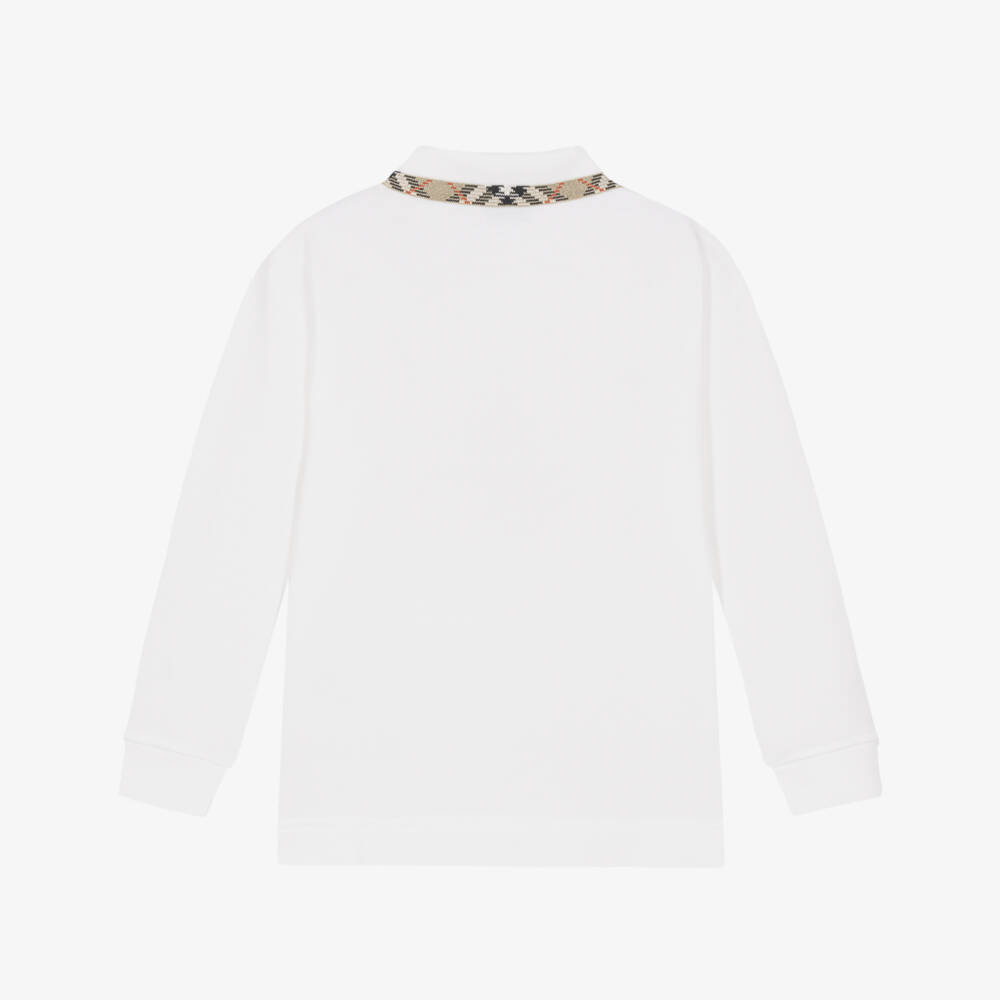 Burberry-Boys White Piqué Long Sleeve Polo Shirt with Check Collar | Childrensalon