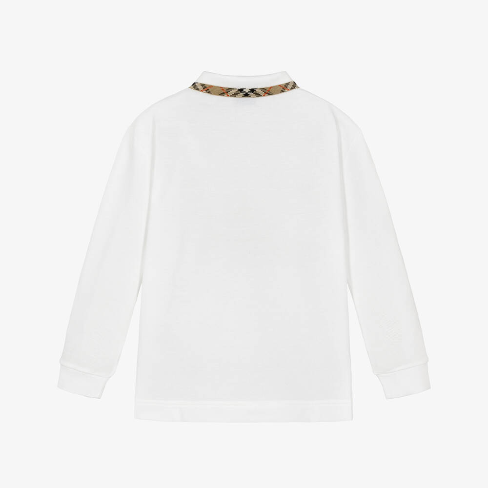 Burberry-Boys White Piqué Long Sleeve Polo Shirt with Check Collar | Childrensalon