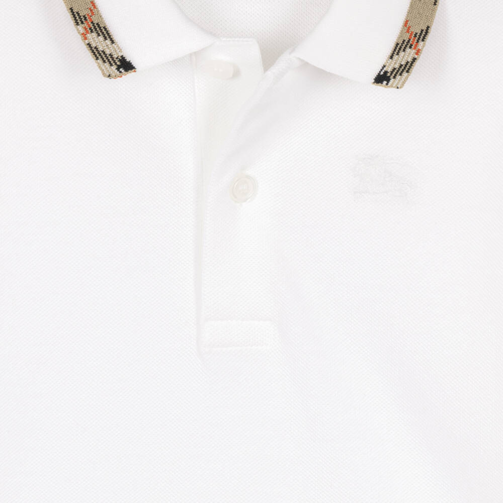 Burberry-Boys White Piqué Long Sleeve Polo Shirt with Check Collar | Childrensalon