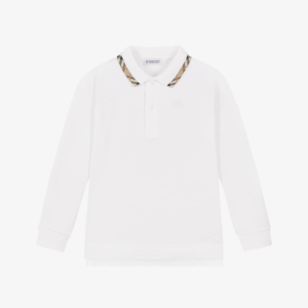 Burberry-Boys White Piqué Long Sleeve Polo Shirt with Check Collar | Childrensalon