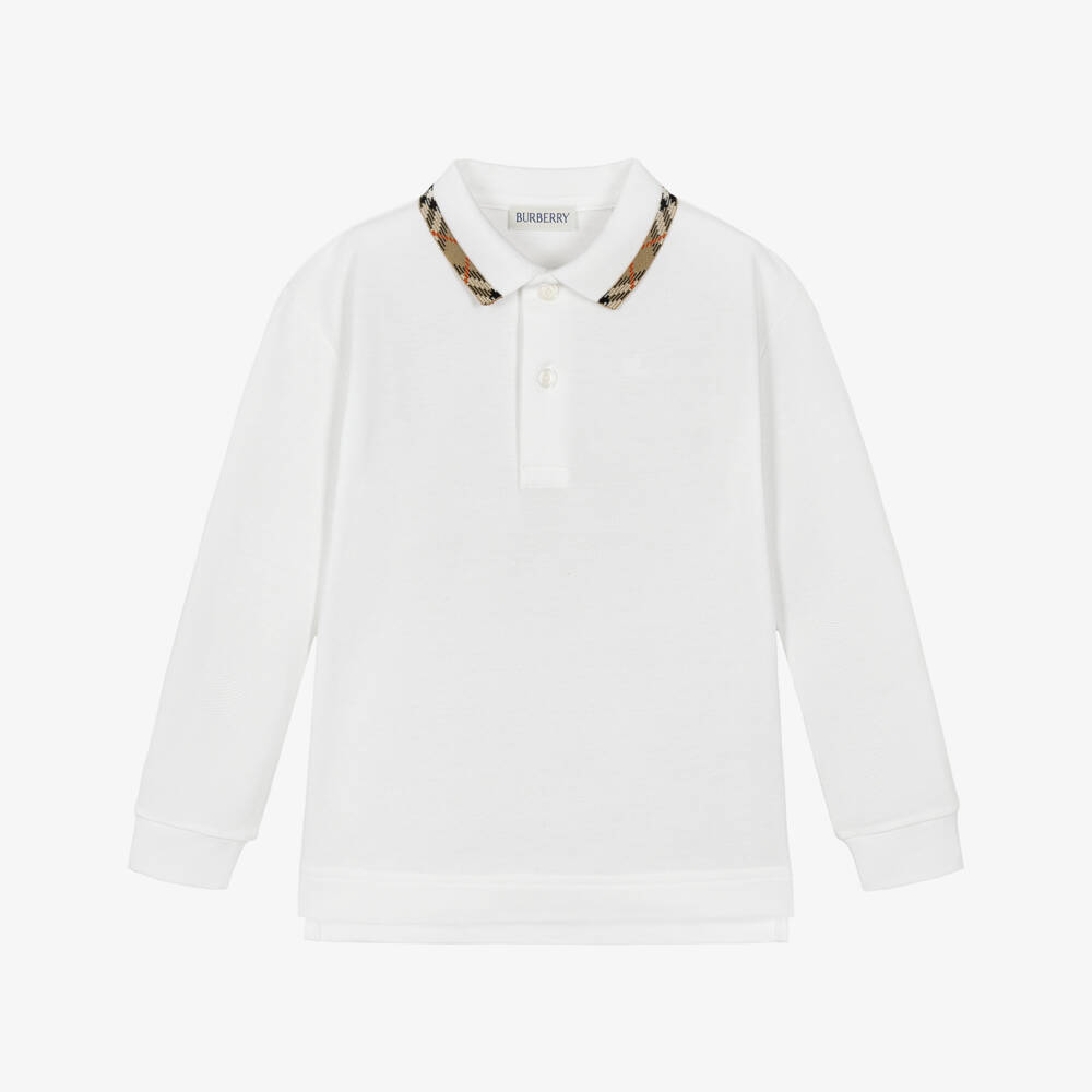Burberry-Boys White Piqué Long Sleeve Polo Shirt with Check Collar | Childrensalon