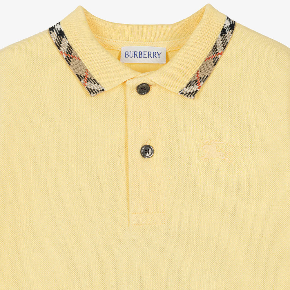 Burberry-Boys Yellow Cotton Polo Shirt with Check Collar | Childrensalon