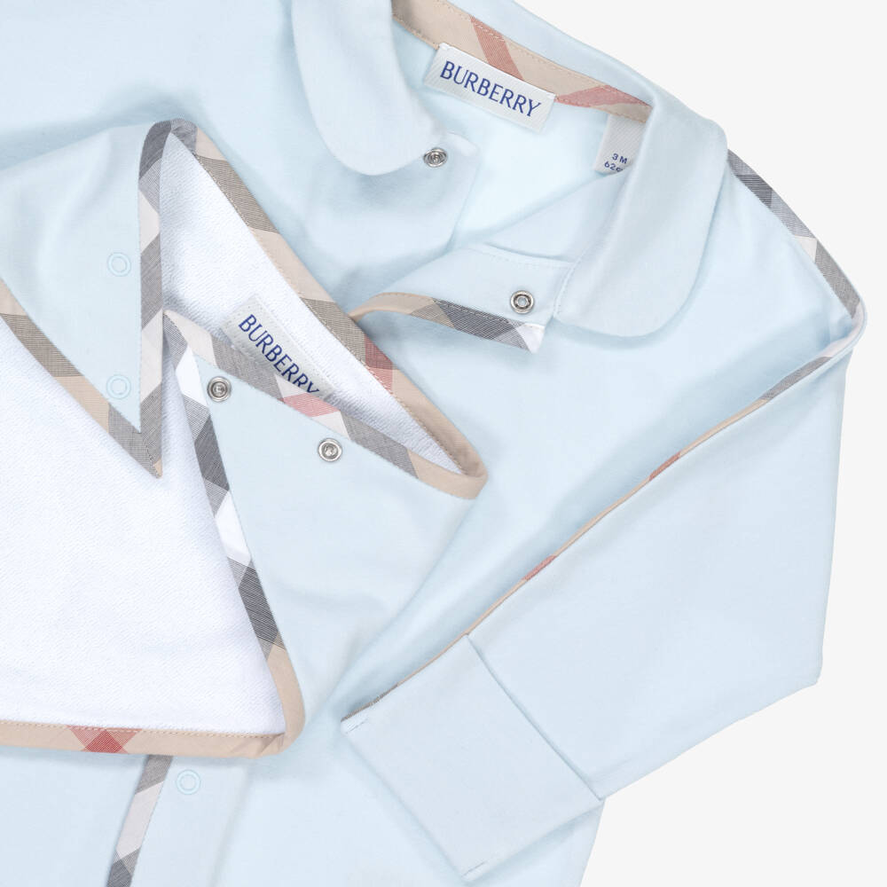 Burberry-Check Trimmed Blue Cotton Babygrow Gift Set | Childrensalon