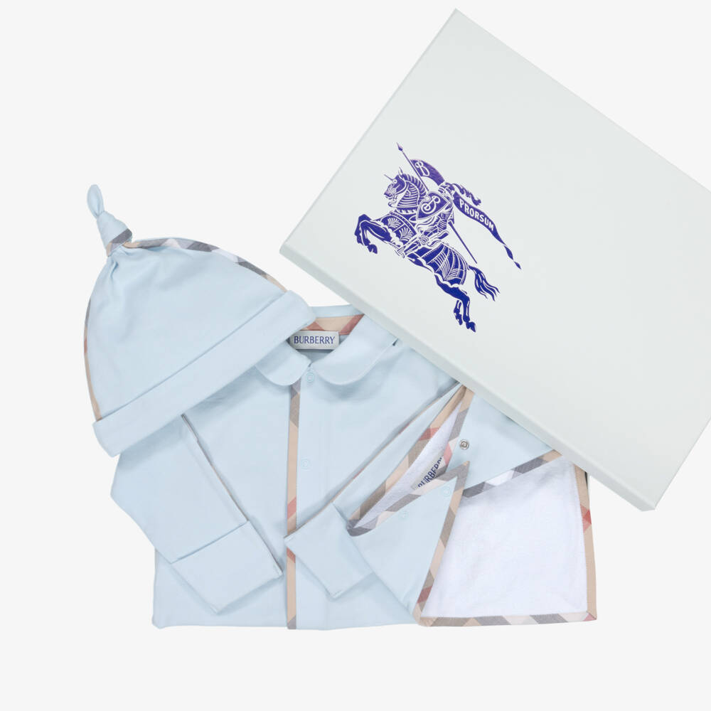 Burberry-Check Trimmed Blue Cotton Babygrow Gift Set | Childrensalon