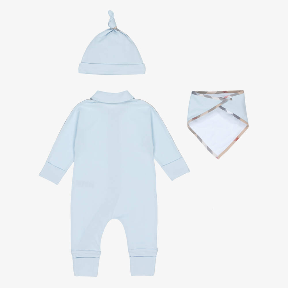 Burberry-Check Trimmed Blue Cotton Babygrow Gift Set | Childrensalon