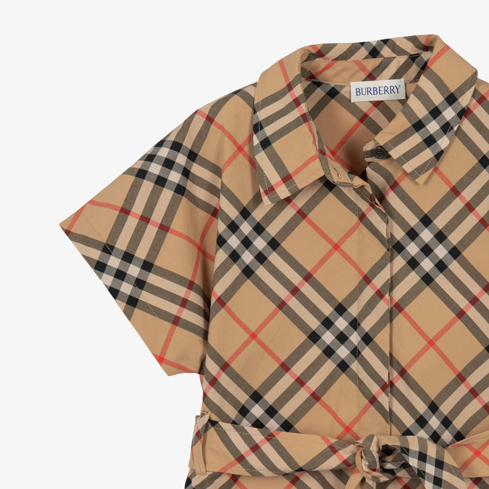 Burberry-Girls Beige Burberry Check Belted Cotton Dress | Childrensalon