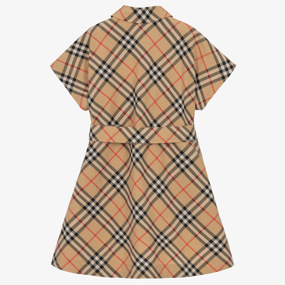 Burberry-Girls Beige Burberry Check Belted Cotton Dress | Childrensalon