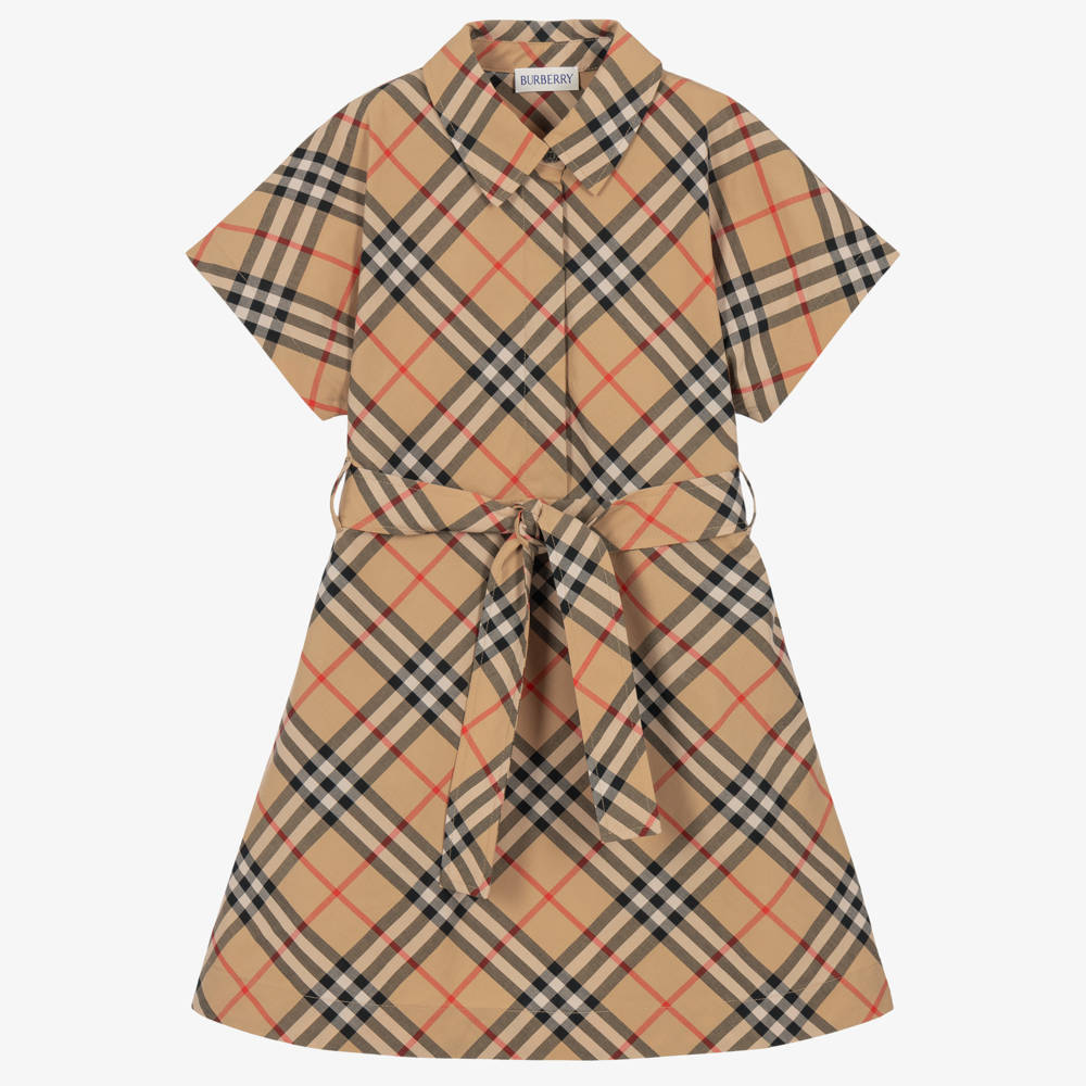 Burberry-Girls Beige Burberry Check Belted Cotton Dress | Childrensalon