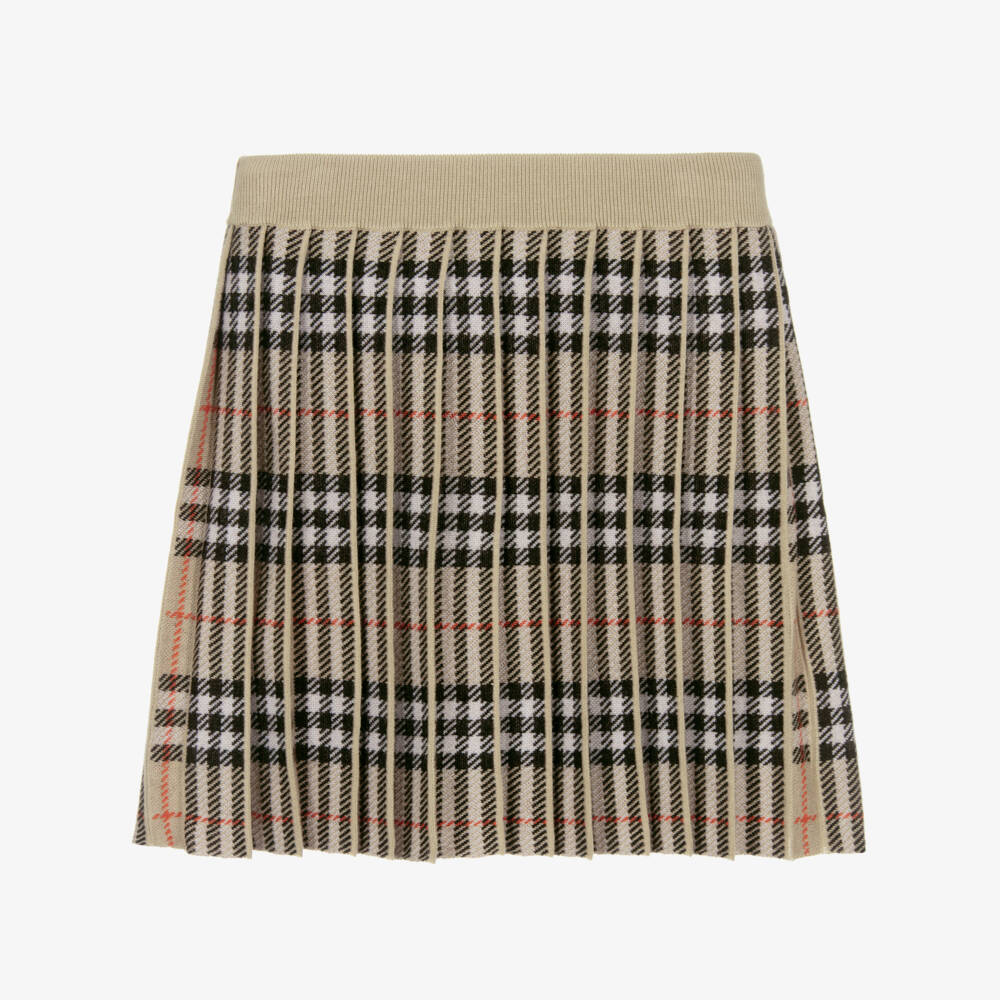 Burberry-Girls Beige Burberry Check Wool Knit Skirt | Childrensalon