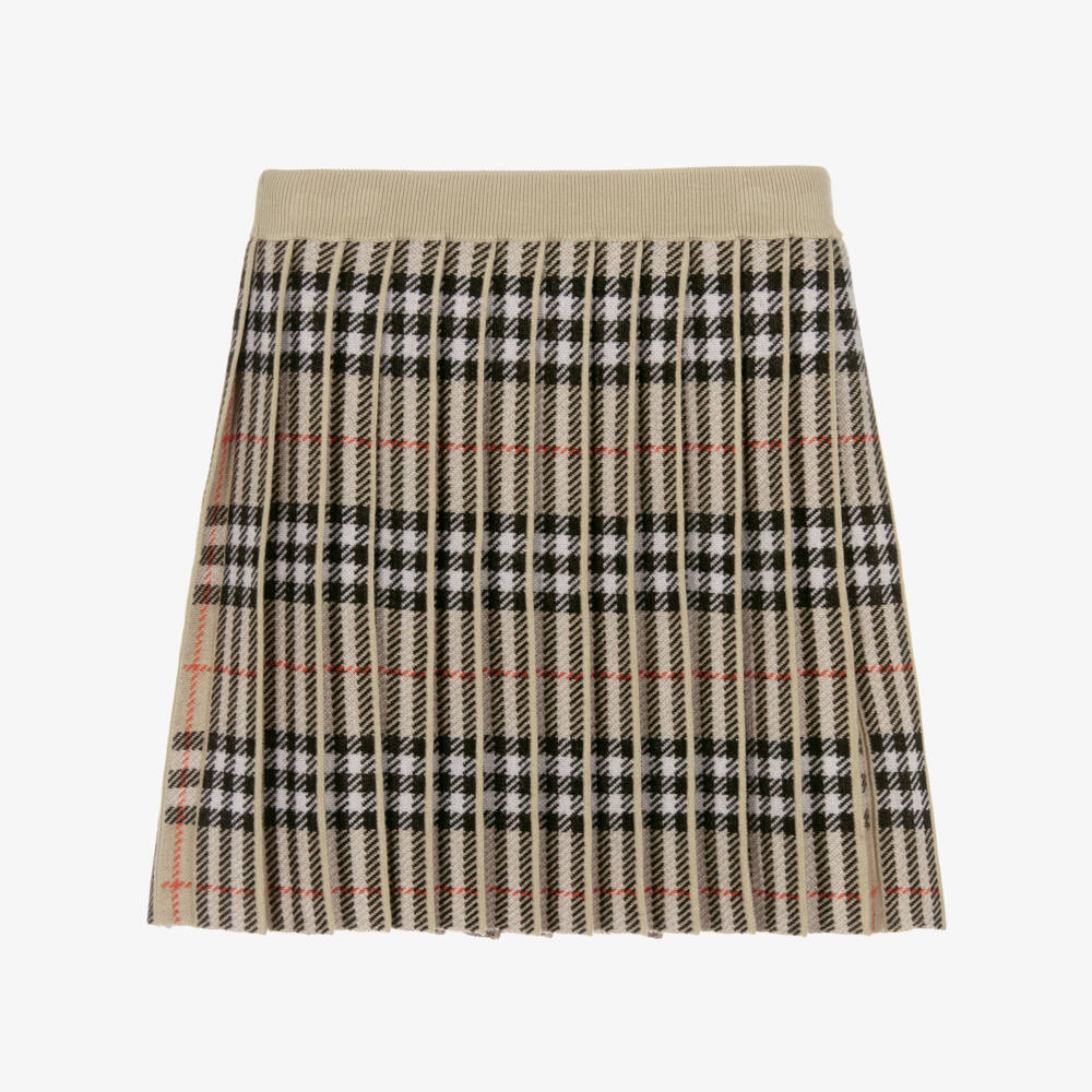 Burberry-Girls Beige Burberry Check Wool Knit Skirt | Childrensalon