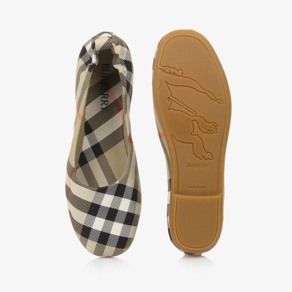 Burberry-Girls Beige Check Ballerina Pumps | Childrensalon