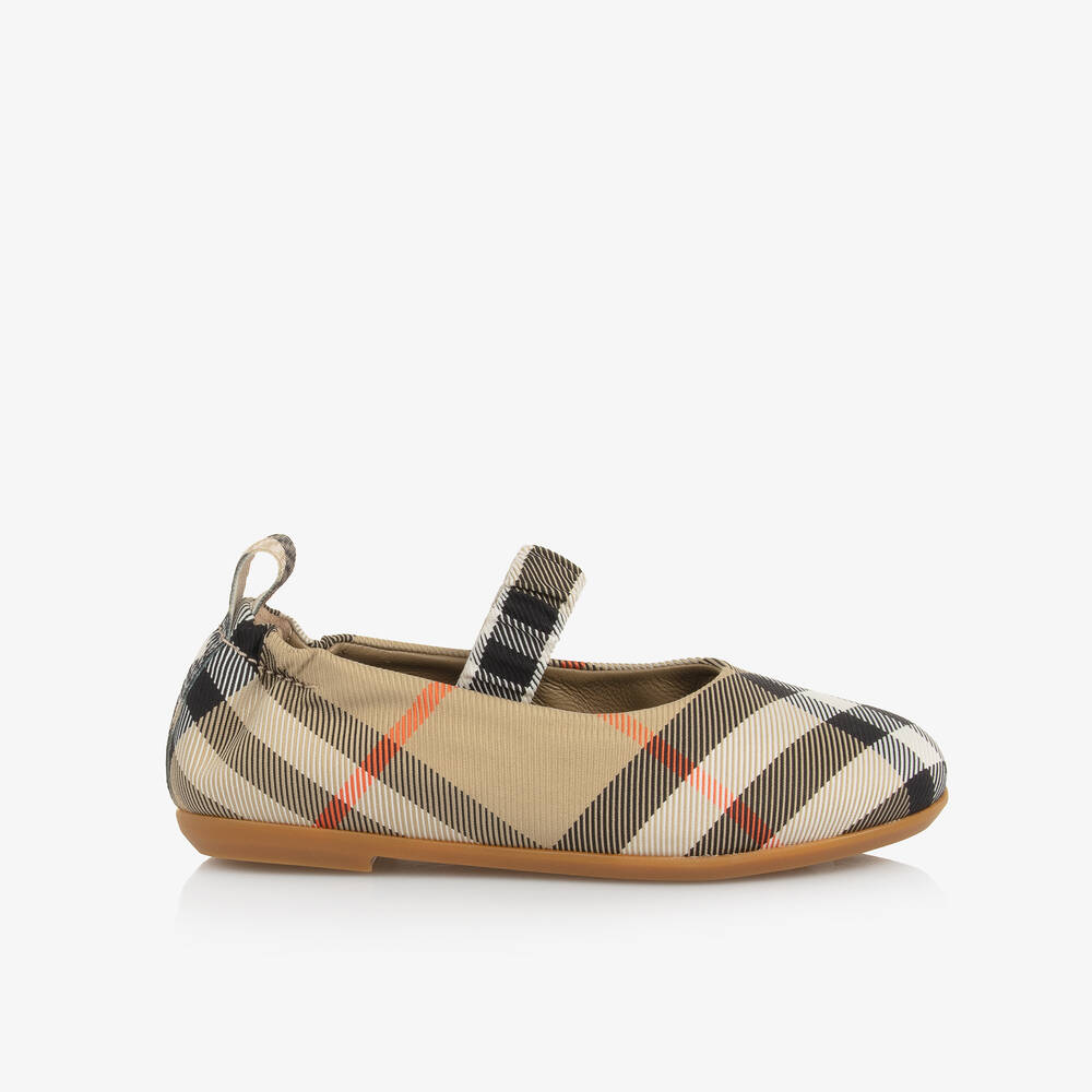 Burberry-Girls Beige Check Ballerina Pumps | Childrensalon