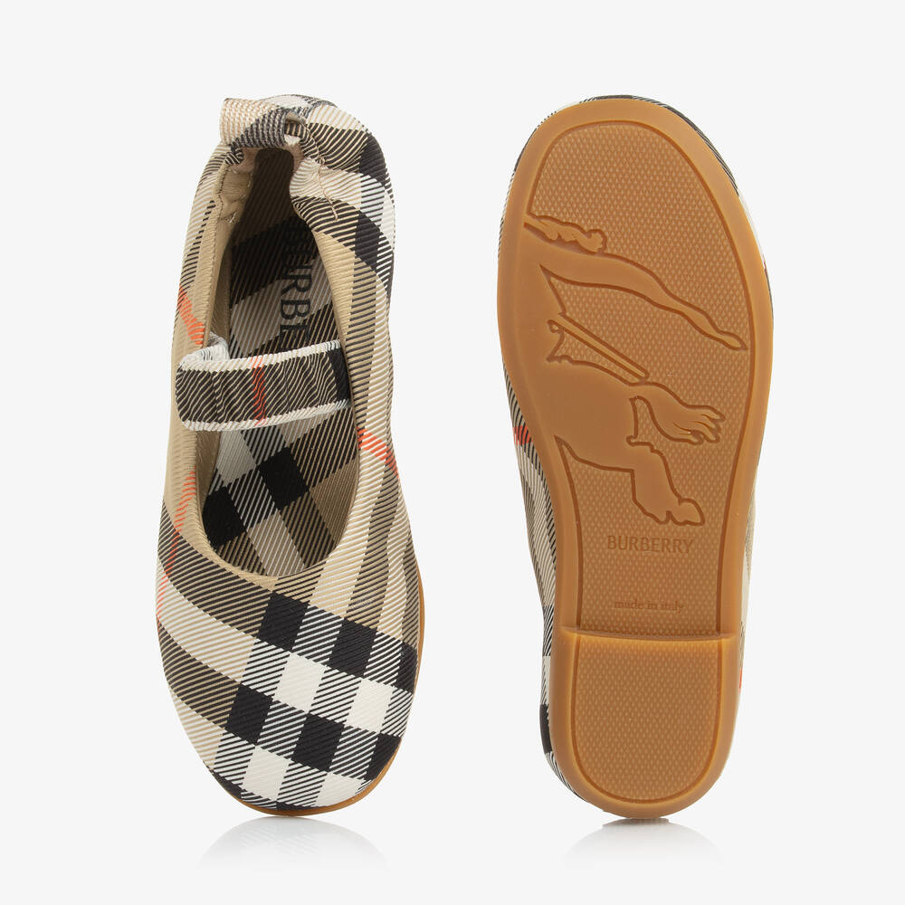 Burberry-Girls Beige Check Ballerina Pumps | Childrensalon
