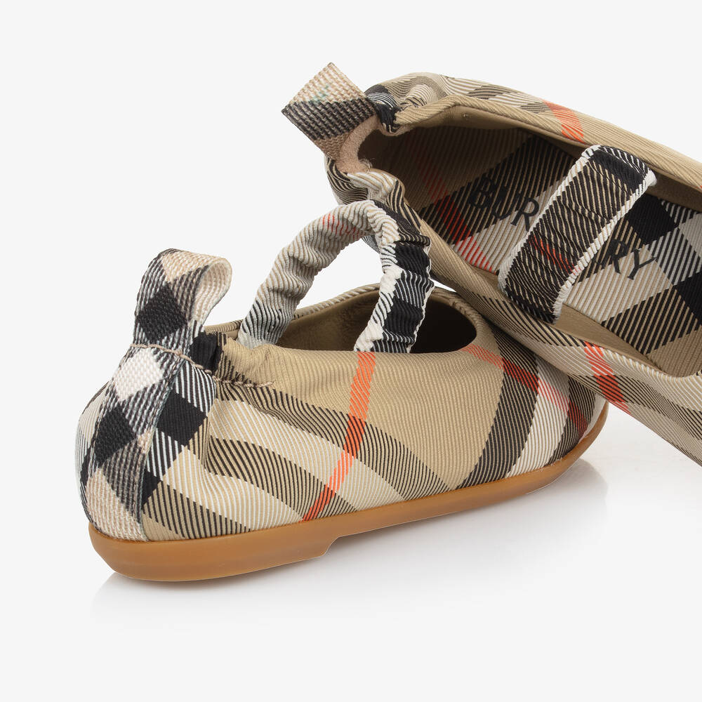 Burberry-Girls Beige Check Ballerina Pumps | Childrensalon