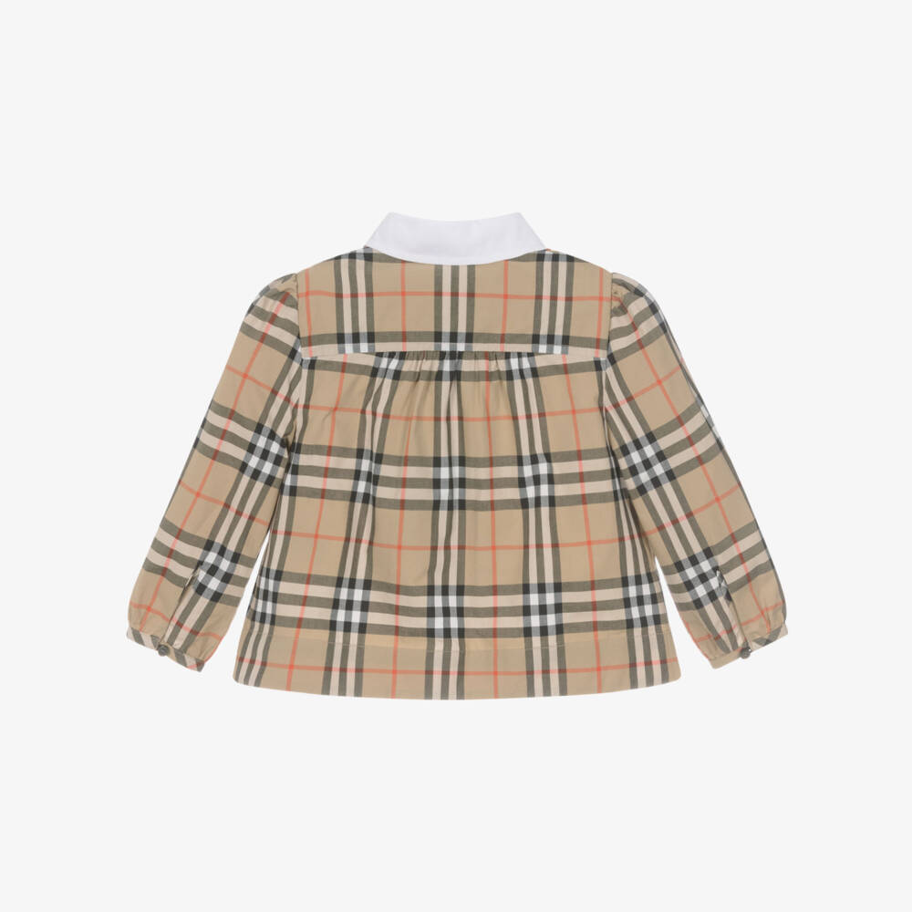 Burberry-Girls Beige Check Cotton Blouse with White Collar | Childrensalon