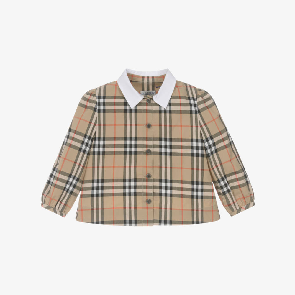 Burberry-Girls Beige Check Cotton Blouse with White Collar | Childrensalon