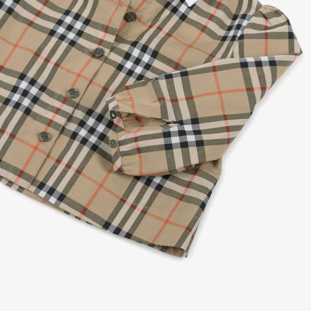 Burberry-Girls Beige Check Cotton Blouse with White Collar | Childrensalon