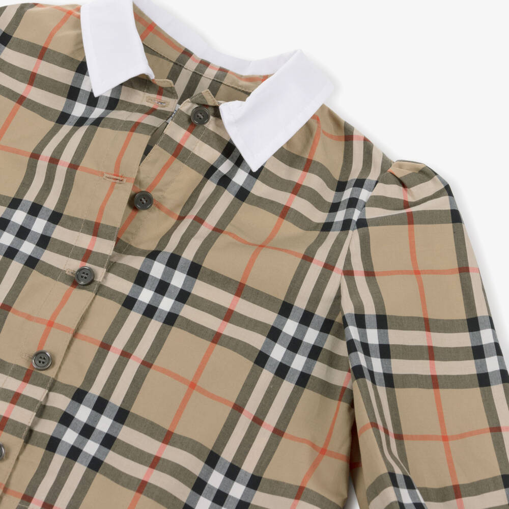 Burberry-Girls Beige Check Cotton Blouse with White Collar | Childrensalon