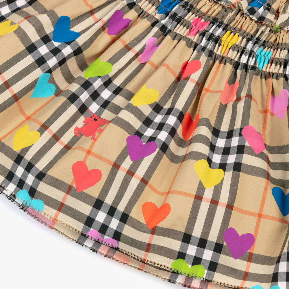 Burberry-Girls Beige Check Cotton Skirt with Colourful Hearts | Childrensalon
