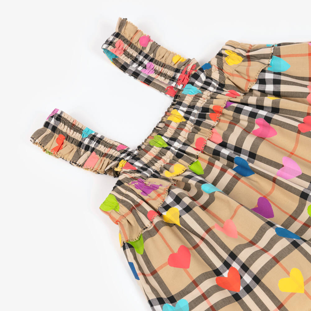 Burberry-Girls Beige Check Cotton Top with Colourful Hearts | Childrensalon