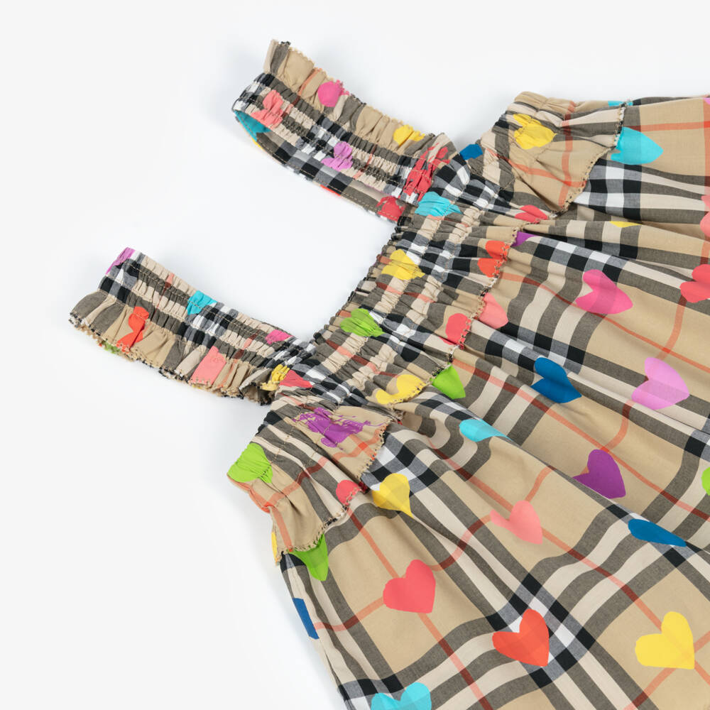 Burberry-Girls Beige Check Cotton Top with Colourful Hearts | Childrensalon