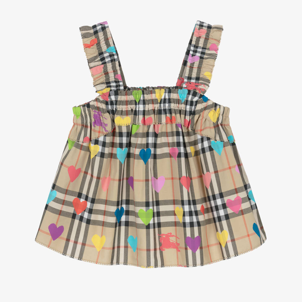 Burberry-Girls Beige Check Cotton Top with Colourful Hearts | Childrensalon