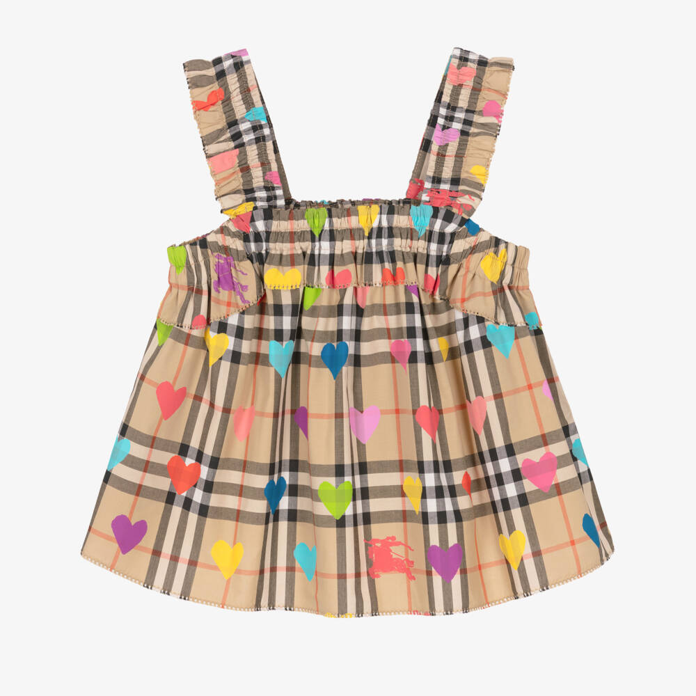 Burberry-Girls Beige Check Cotton Top with Colourful Hearts | Childrensalon