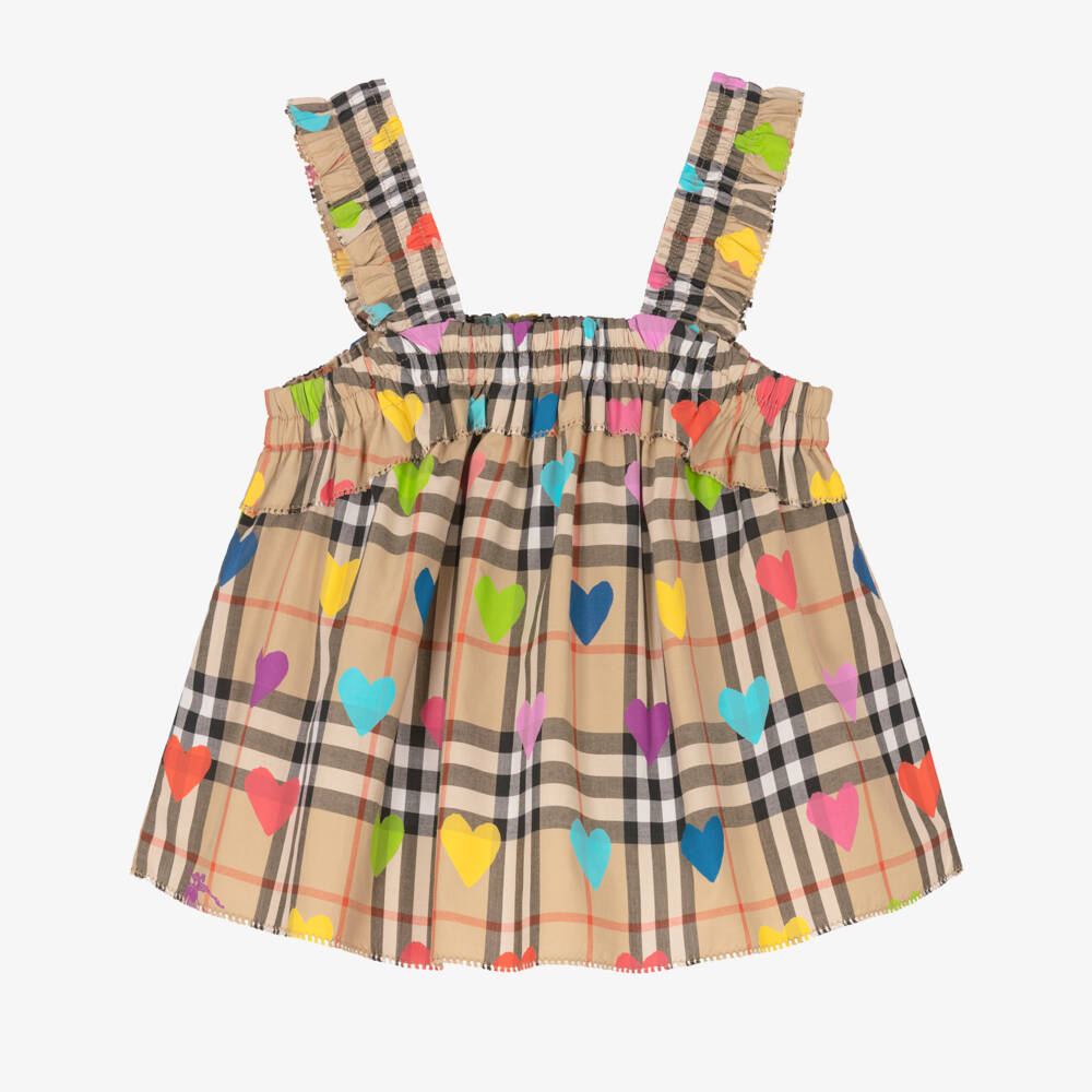 Burberry-Girls Beige Check Cotton Top with Colourful Hearts | Childrensalon