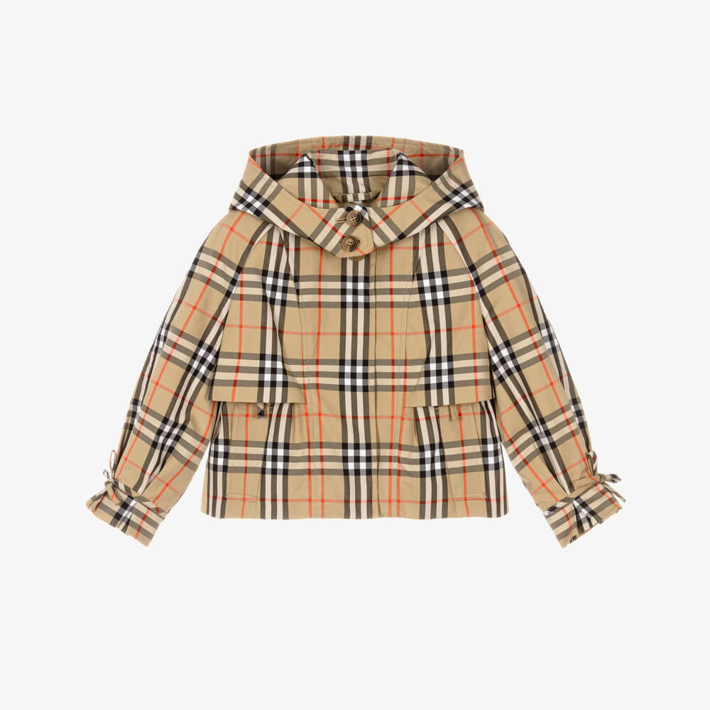 Burberry-Girls Beige Check Cotton Trench Jacket with Detachable Hood | Childrensalon