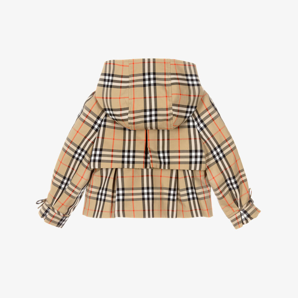 Burberry-Girls Beige Check Cotton Trench Jacket with Detachable Hood | Childrensalon