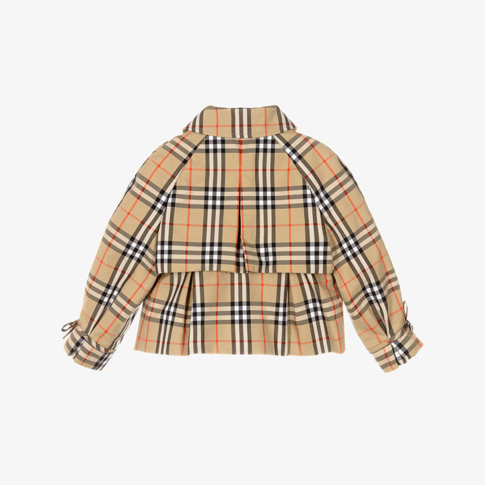 Burberry-Girls Beige Check Cotton Trench Jacket with Detachable Hood | Childrensalon