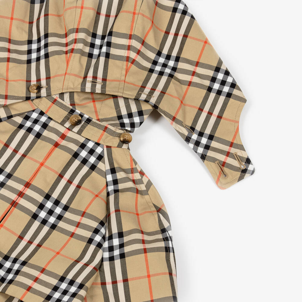 Burberry-Girls Beige Check Cotton Trench Jacket with Detachable Hood | Childrensalon