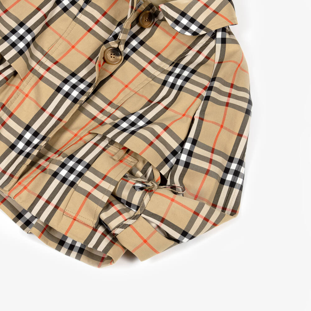Burberry-Girls Beige Check Cotton Trench Jacket with Detachable Hood | Childrensalon