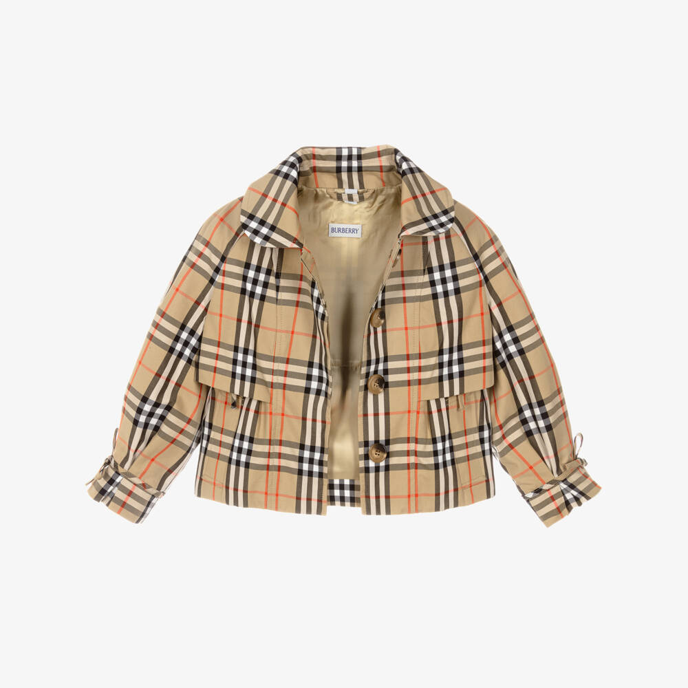 Burberry-Girls Beige Check Cotton Trench Jacket with Detachable Hood | Childrensalon