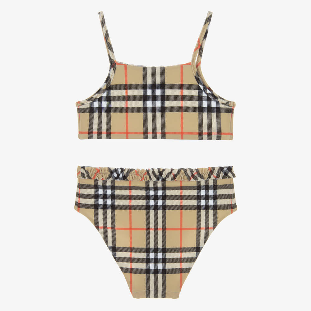 Burberry-Girls Beige Check Frilled Bikini | Childrensalon