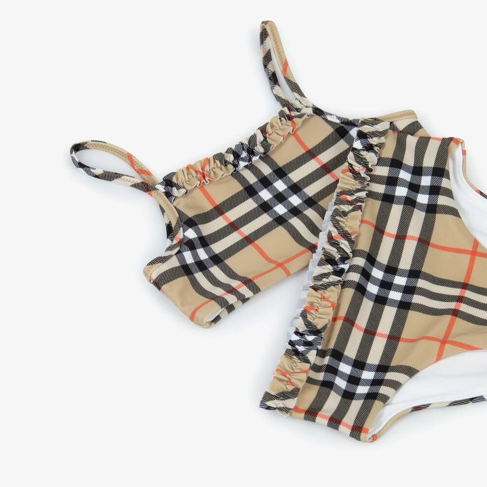 Burberry-Girls Beige Check Frilled Bikini | Childrensalon