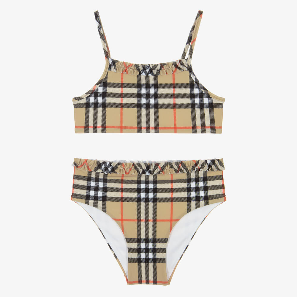 Burberry-Girls Beige Check Frilled Bikini | Childrensalon