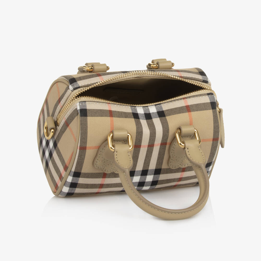 Burberry-Girls Beige Check Handbag with Leather Paw Detailing (16cm) | Childrensalon