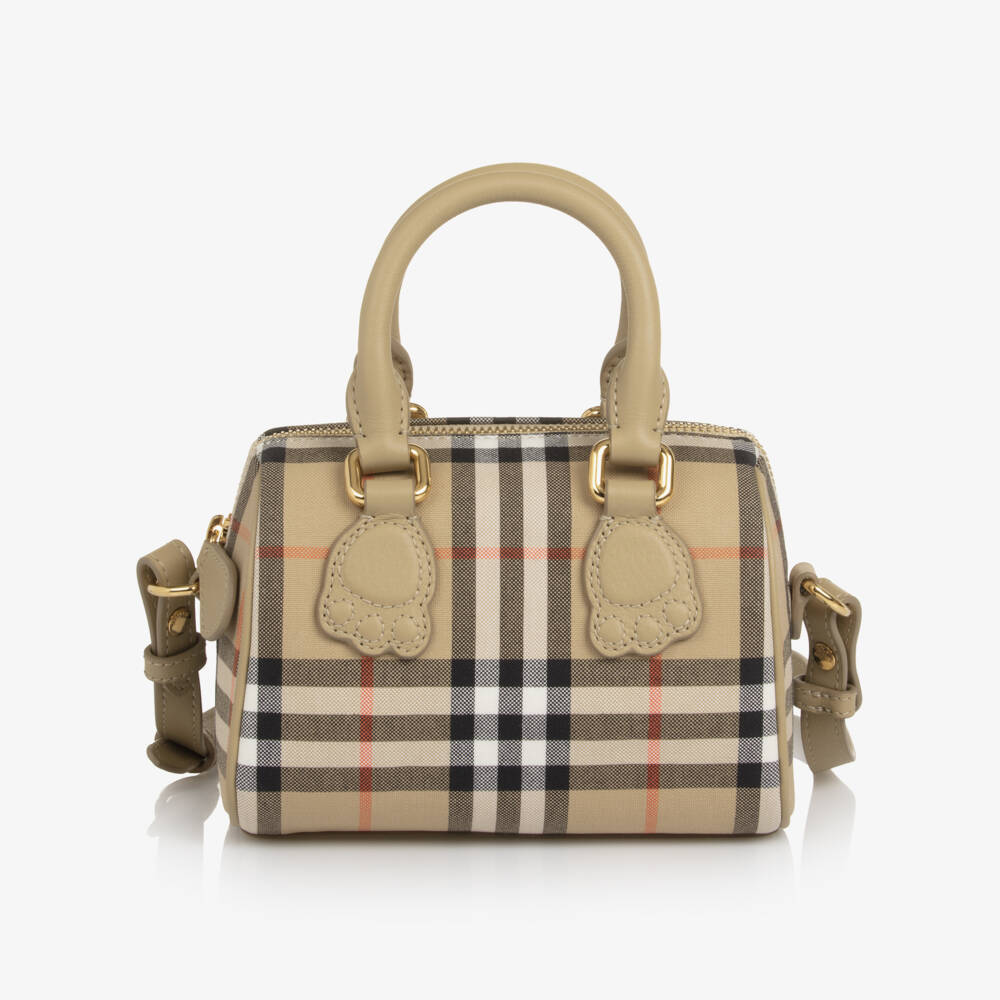 Burberry-Girls Beige Check Handbag with Leather Paw Detailing (16cm) | Childrensalon