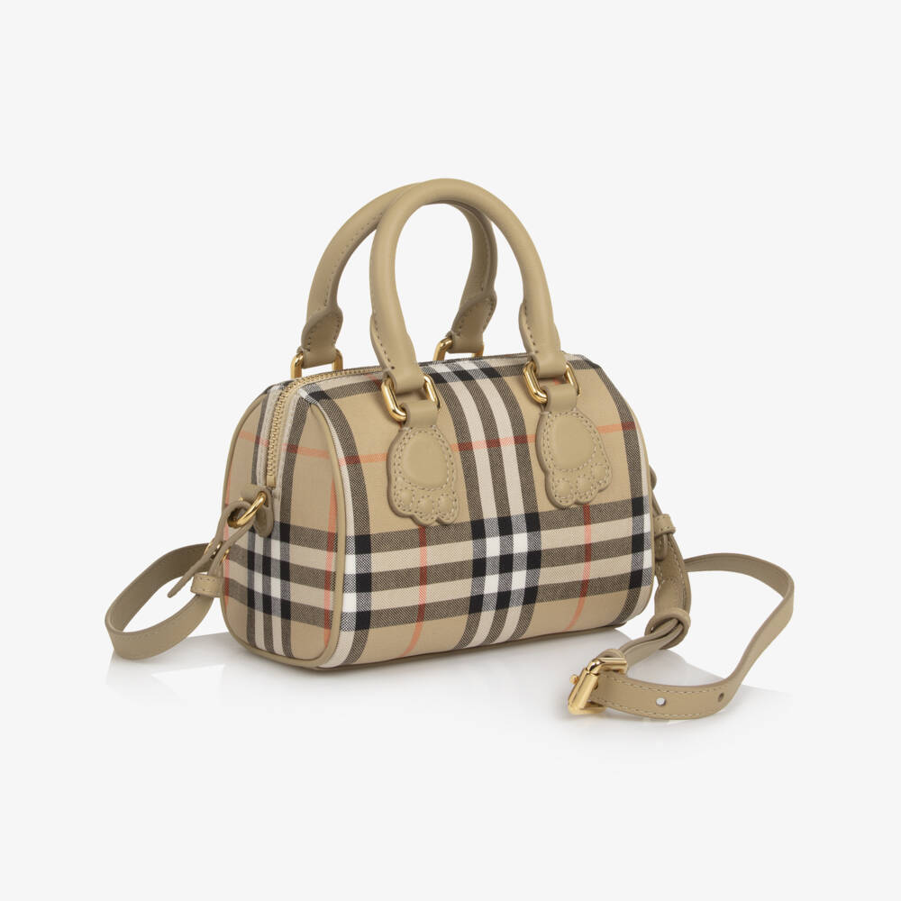 Burberry-Girls Beige Check Handbag with Leather Paw Detailing (16cm) | Childrensalon