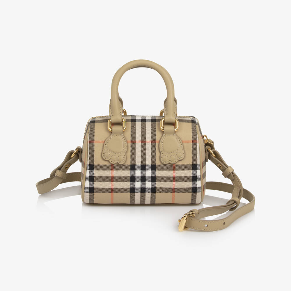 Burberry-Girls Beige Check Handbag with Leather Paw Detailing (16cm) | Childrensalon