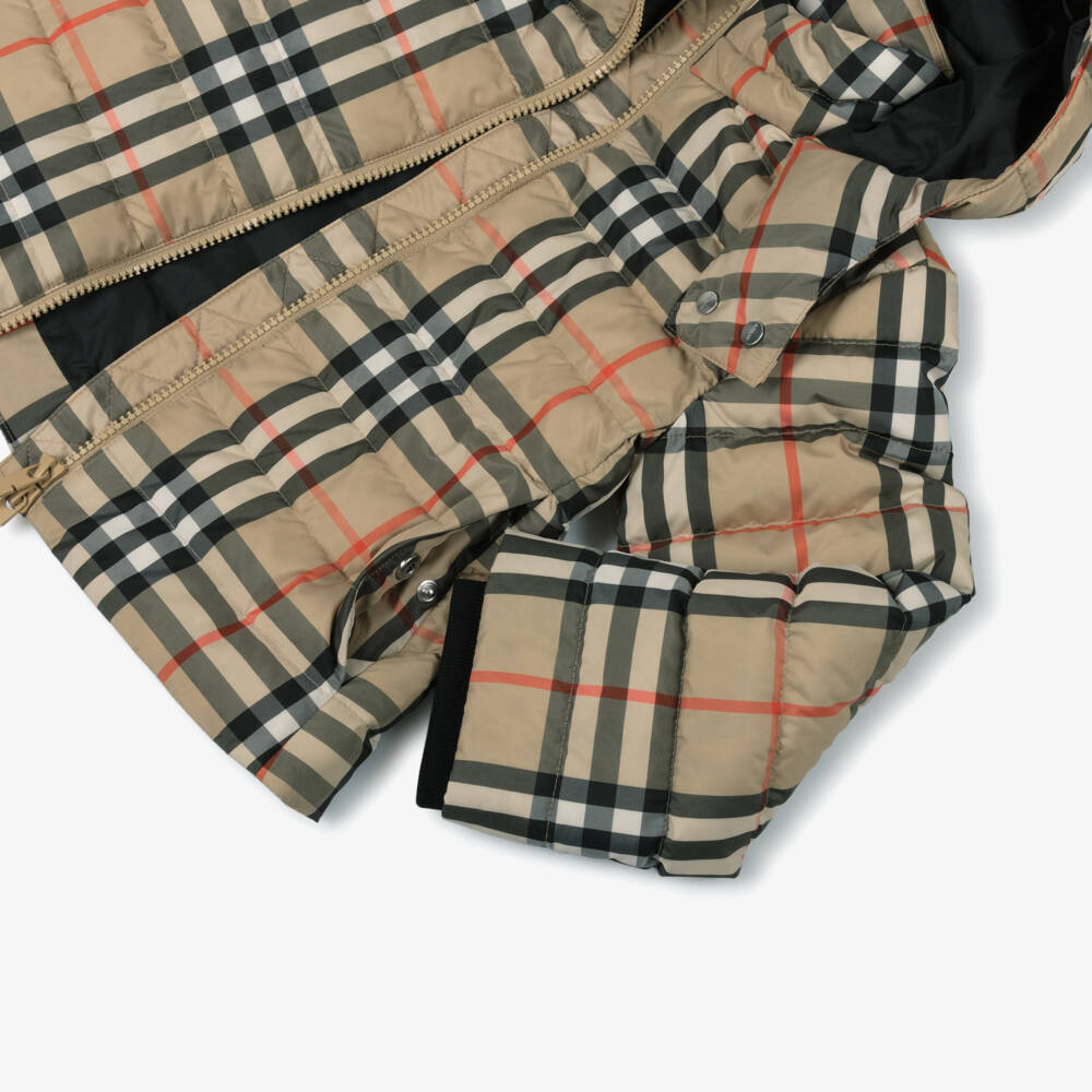 Burberry-Girls Beige Check Hooded Down Puffer Jacket | Childrensalon
