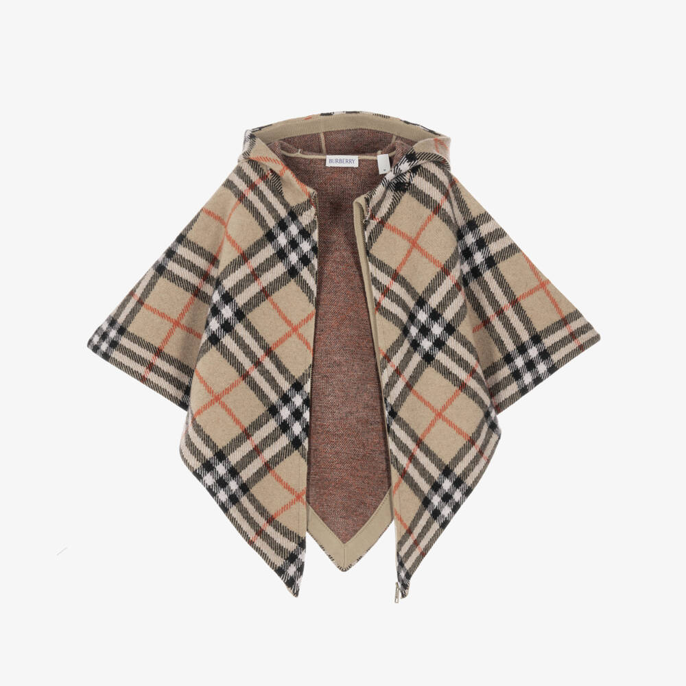 Burberry-Girls Beige Check Hooded Wool Cape | Childrensalon