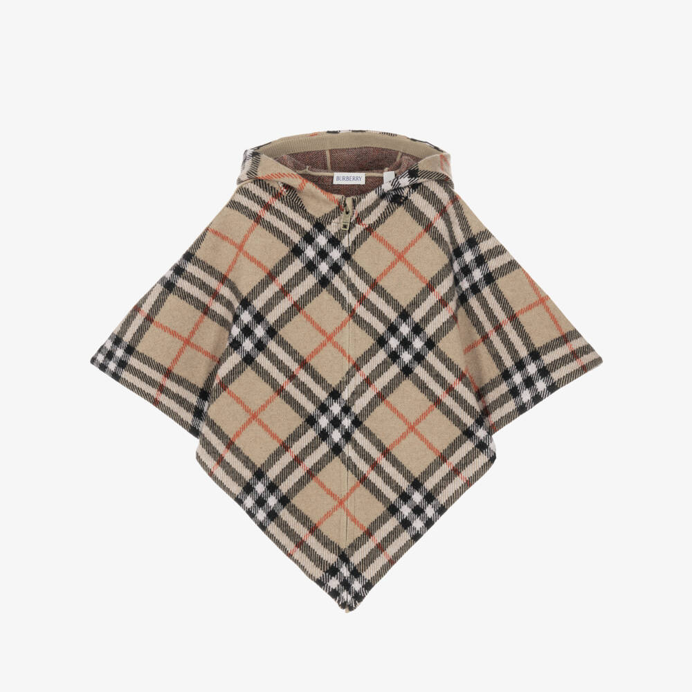Burberry-Girls Beige Check Hooded Wool Cape | Childrensalon